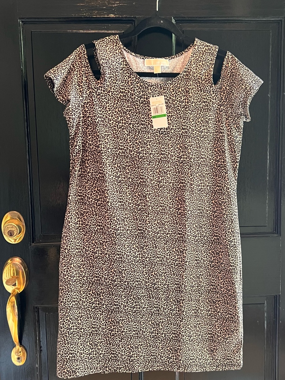 NWT, Michael Kors Leopard Cold-Shoulder Mini Dress in Black & Cream, Size Large